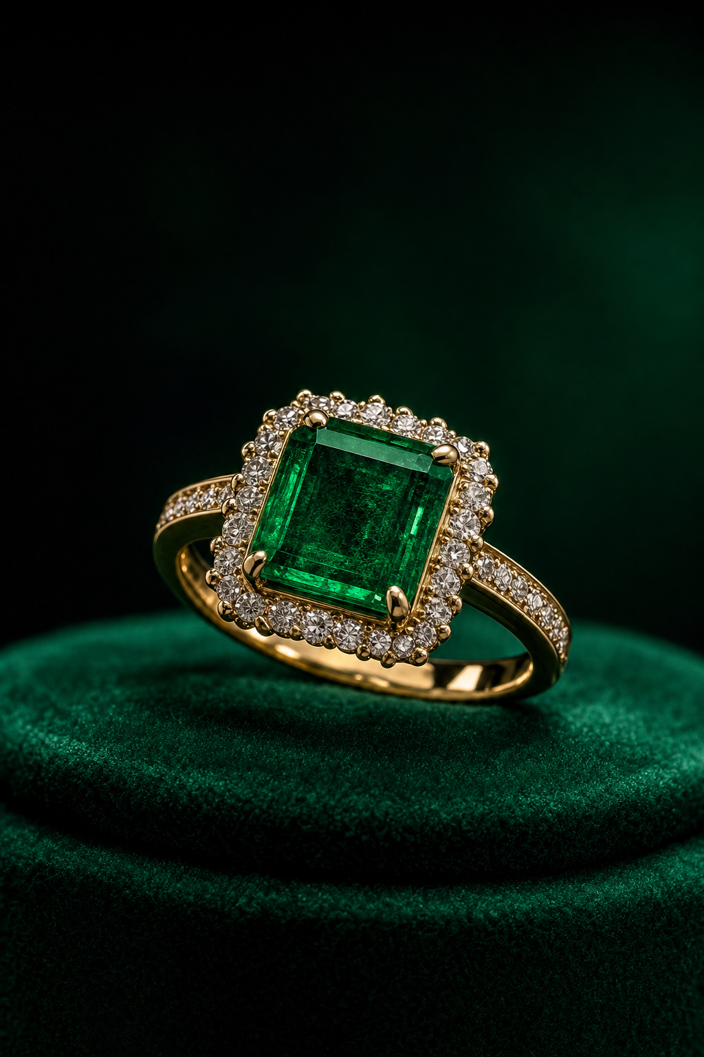 Campaign-quality photograph of the same emerald ring on velvet, with dramatic lighting.