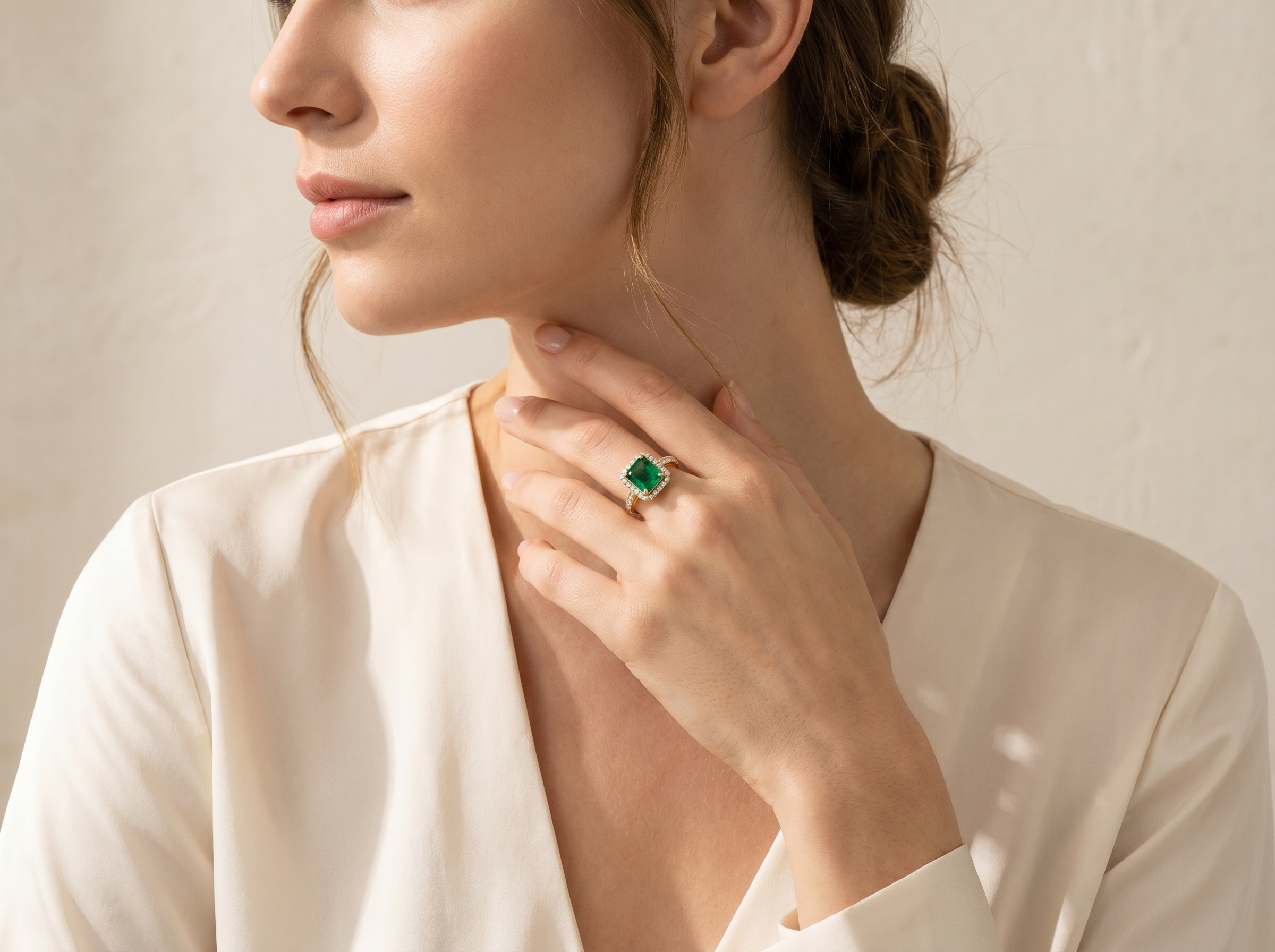 Editorial portrait of a model wearing a gold and emerald halo ring on her hand near her collarbone.