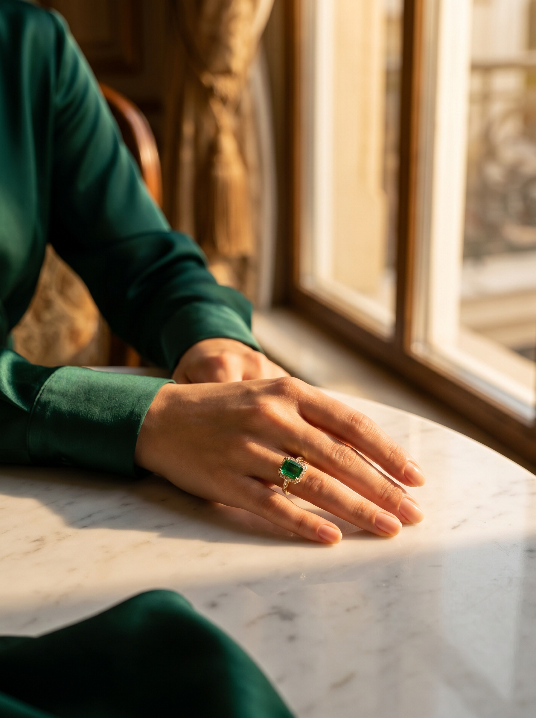 Lifestyle photograph of a woman in emerald silk resting her hand on a marble table, wearing the gold and emerald halo ring.
